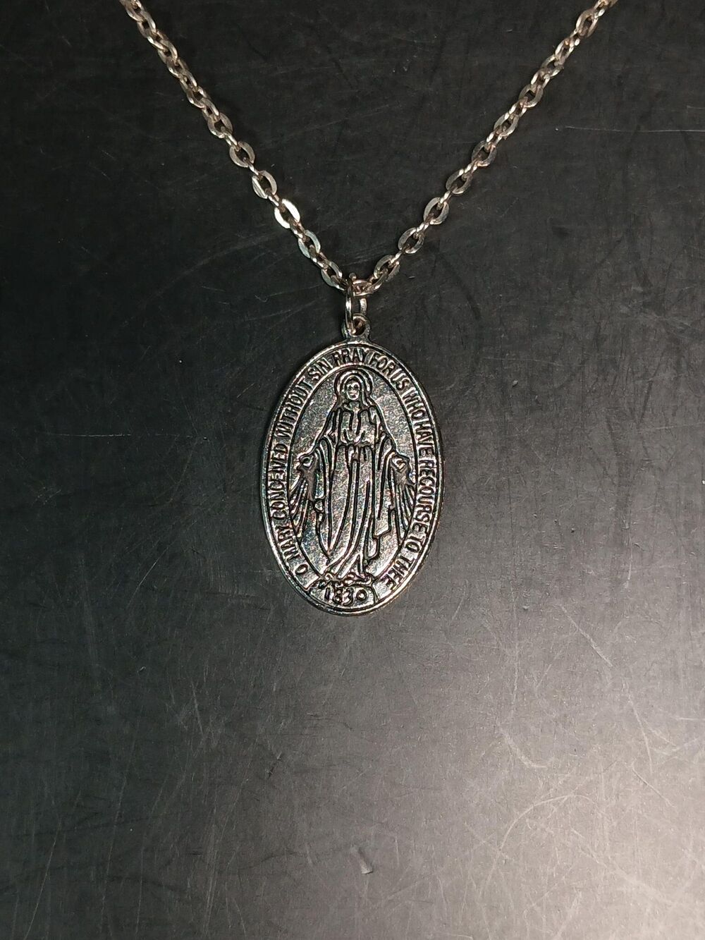 Mary Medallion Silver Tone Necklace ~19.5" Chain
